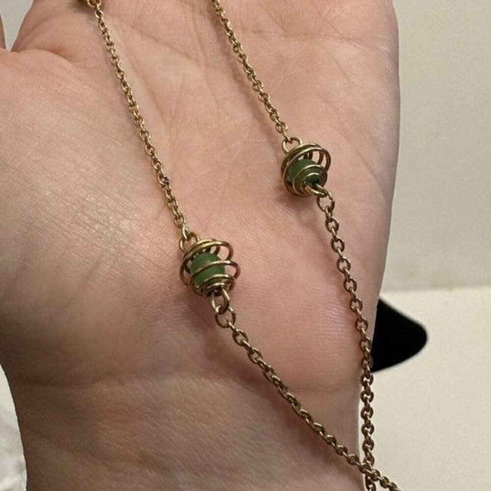 Vintage Signed Crown Trifari Gold Tone Dainty Chain Necklace Choker Green Beads - Picture 7 of 8